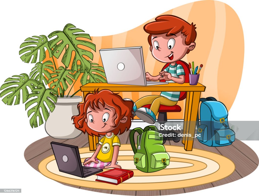 Computer Study Carton Cute Cartoon Children Studying With Computers Stock Illustration ...