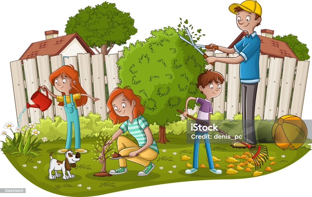 Cartoon Family Gardening Stock Illustration - Download Image Now - Yard -  Grounds, Garden, Repairing - iStock