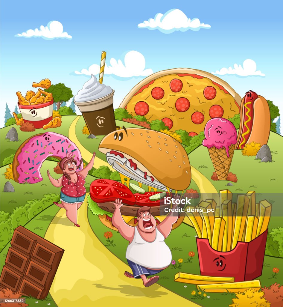 Couple Of Cartoon Fat People Running On A Park With Junk Food Stock  Illustration - Download Image Now - iStock