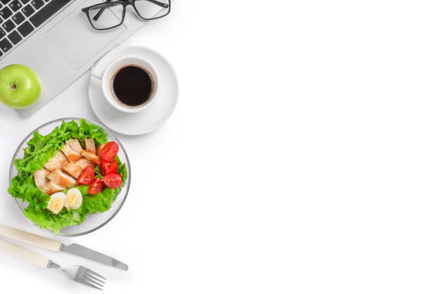 healthy lunch at office workplace - apple red portion fruit imagens e fotografias de stock