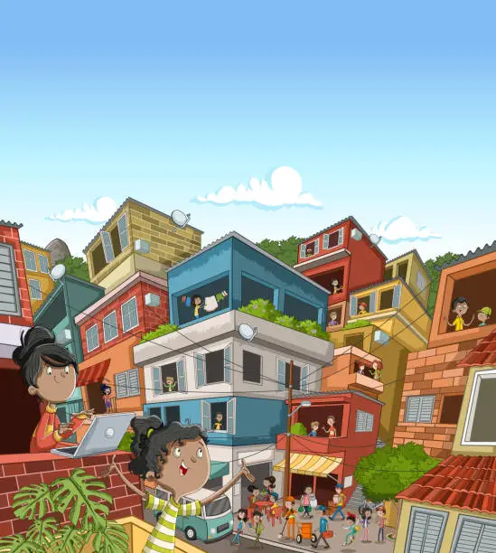 Vector illustration of Street of poor neighborhood with cartoon happy people.