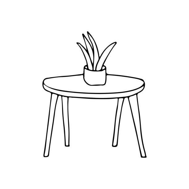 テーブル落書きイラストの上に植えます。テーブルと植物の手描きイラスト - side table illustrations点のイラスト素材／クリップアート素材／マンガ素材／アイコン素材