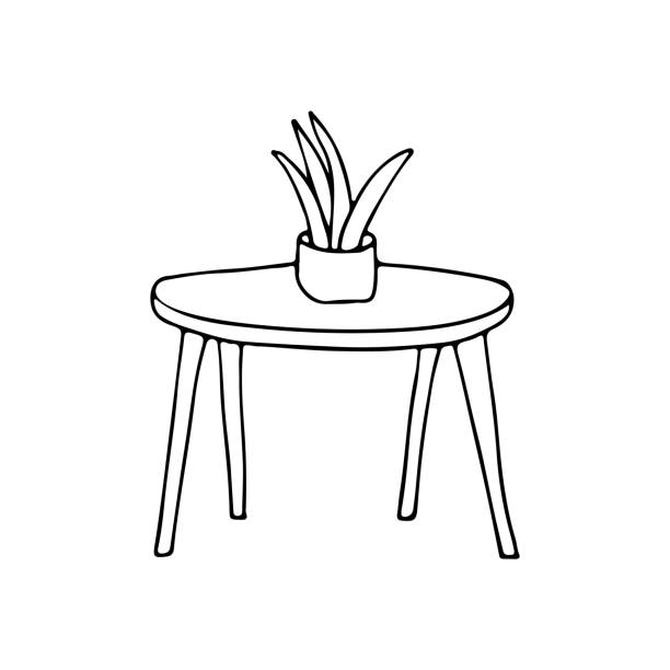 ilustrações, clipart, desenhos animados e ícones de plante na ilustração do rabisco da mesa. ilustração desenhada à mão de mesa e planta - side table illustrations
