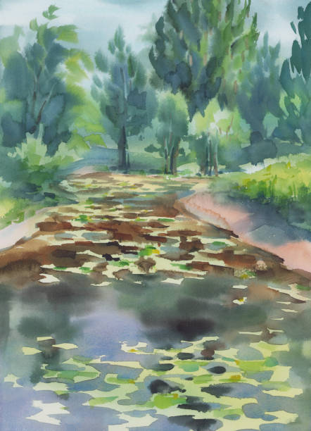 istock Autumn landscape with a pond watercolor background 1266318910