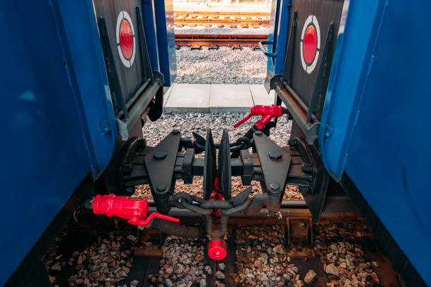 Coupling between two train carriages in narrow-gauge railway.