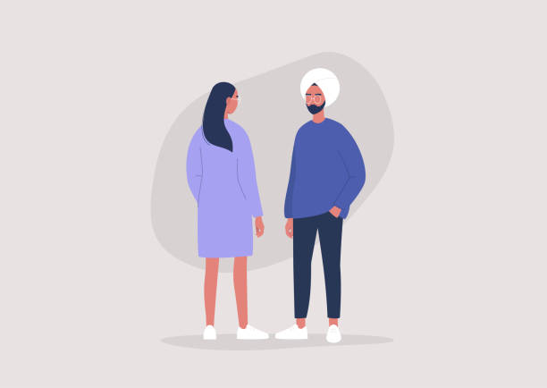 A conversation between two young characters, daily routine, a communication concept A conversation between two young characters, daily routine, a communication concept turban stock illustrations