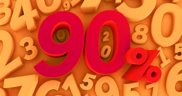 red ninety percent on a yellow background with numbers. 3D render. 90%