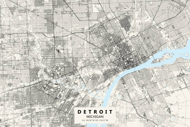 detroit, michigan, peta vektor - detroit michigan ilustrasi stok