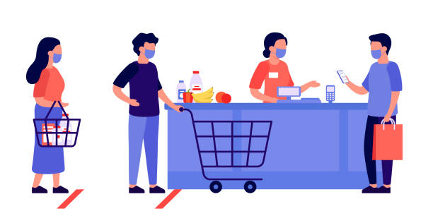ilustrações de stock, clip art, desenhos animados e ícones de people shopping, queue. contactless mobile payment for purchases. social distancing and protective masks. checkout, supermarket store counter cashier and shoppers with shopping cart of food. vector - pos supermarket