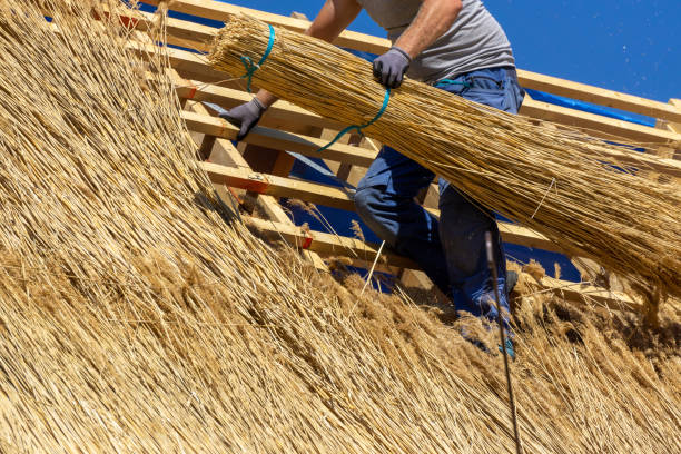 istock Craftsman covers new roof with reed 1266329536
