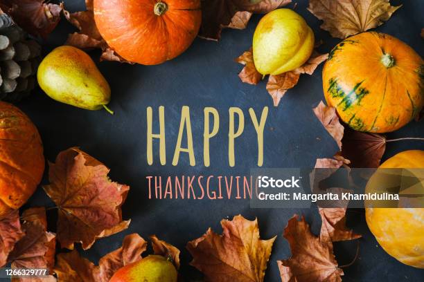 Frame Made Of Pumpkins Pears And Autumn Leaves With Happy Thanksgiving Text Stock Photo - Download Image Now