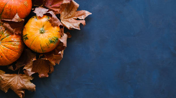 istock Pumpkins and autumn maple leaves on dark blue background. 1266329983
