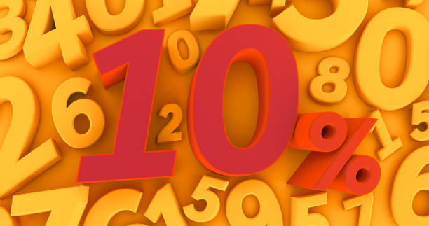 istock red ten percent on a yellow background with numbers. 3D render. 10 % 1266331351