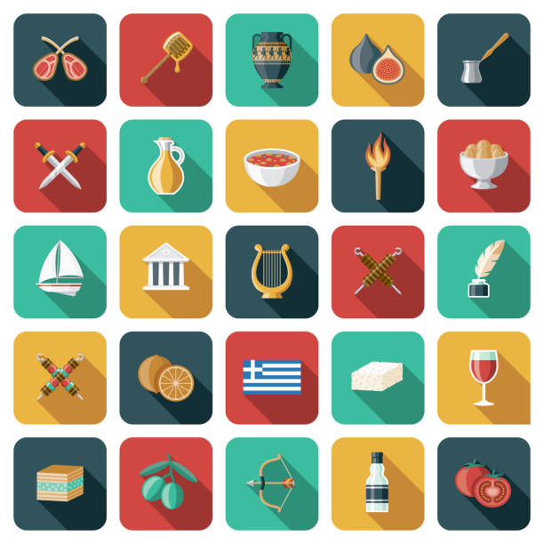 Greece Icon Set A set of rounded corner App-style icons. File is built in the CMYK color space for optimal printing. Color swatches are global so it’s easy to edit and change the colors. baklava stock illustrations