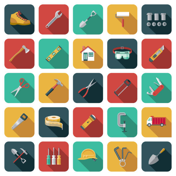 ilustrações de stock, clip art, desenhos animados e ícones de home renovations icon set - nobody hammer home improvement work tool