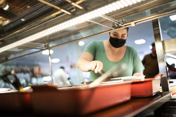 istock Customers in a self service restaurant choosing food using face mask 1266332784