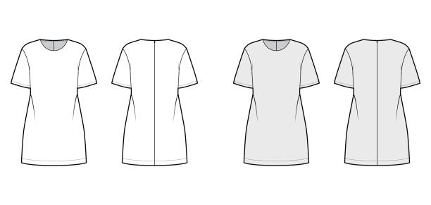 istock Oversized tunic technical fashion illustration with round neck, elbow sleeves, back zip fastening, above-the-knee length 1266333493