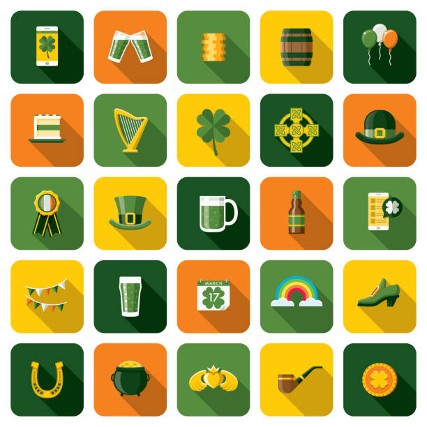 Saint Patrick's Day Icon Set A set of rounded corner App-style icons. File is built in the CMYK color space for optimal printing. Color swatches are global so it’s easy to edit and change the colors. celtic cross stock illustrations