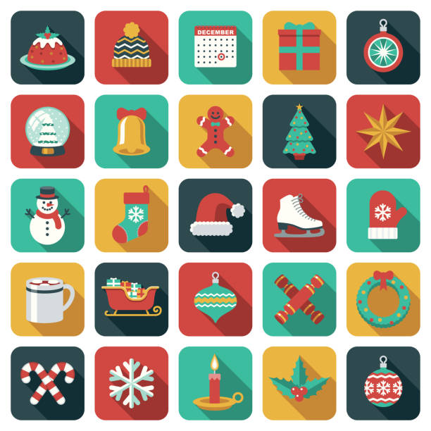 ilustraciones, imágenes clip art, dibujos animados e iconos de stock de conjunto de iconos de vacaciones navideñas - wrapping paper christmas gift snowman