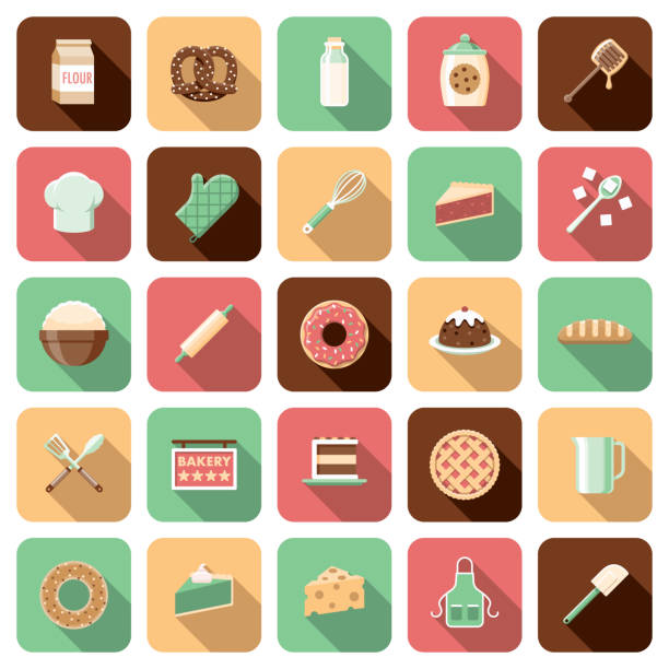 Baking Icon Set A set of rounded corner App-style icons. File is built in the CMYK color space for optimal printing. Color swatches are global so it’s easy to edit and change the colors. apple pie cheese stock illustrations