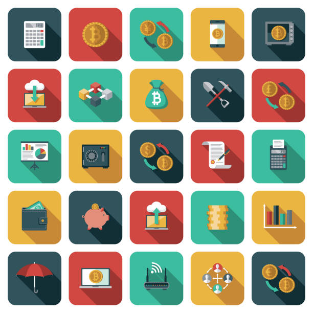 Bitcoin and Cryptocurrency Icon Set A set of rounded corner App-style icons. File is built in the CMYK color space for optimal printing. Color swatches are global so it’s easy to edit and change the colors. blockchain clipart stock illustrations