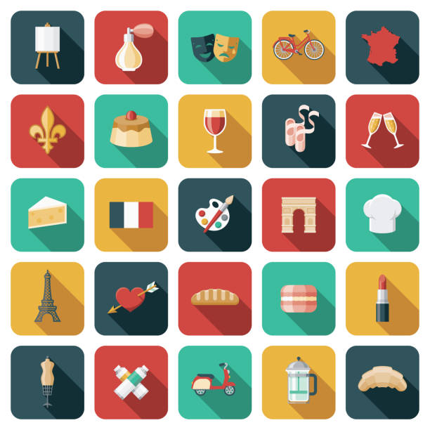 ilustrações, clipart, desenhos animados e ícones de conjunto de ícones da frança - macaroon french culture dessert food