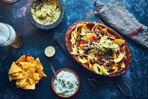 Nachos with Minced Meat, Hot Salsa and Guacamole
