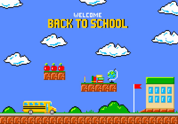 ilustrações de stock, clip art, desenhos animados e ícones de back to school pixel art greeting card. yellow school bus in style of eight-bit game.  vector illustration. - gaming background