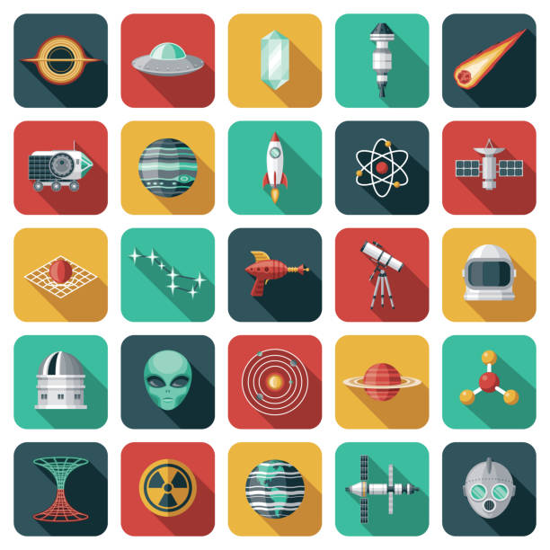 Science Fiction Icon Set A set of rounded corner App-style icons. File is built in the CMYK color space for optimal printing. Color swatches are global so it’s easy to edit and change the colors. astronaut clipart stock illustrations
