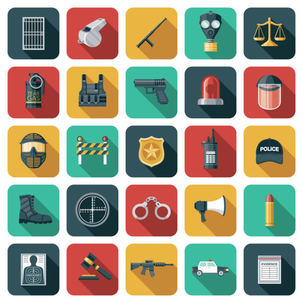 Police and Law Enforcement Icon Set A set of rounded corner App-style icons. File is built in the CMYK color space for optimal printing. Color swatches are global so it’s easy to edit and change the colors. police station canada stock illustrations