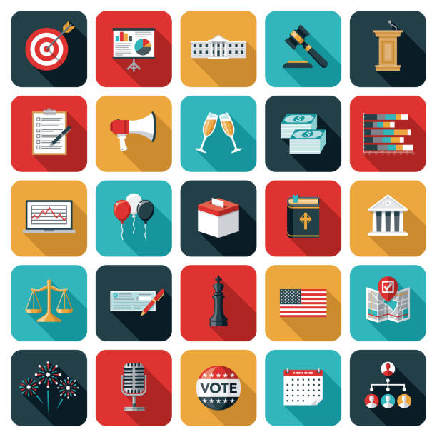 US Election and Politics Icon Set A set of rounded corner App-style icons. File is built in the CMYK color space for optimal printing. Color swatches are global so it’s easy to edit and change the colors. government clipart stock illustrations
