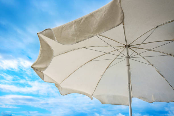 istock A white sunshade at the blue sky background. 1266341748