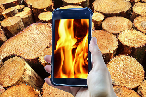 Firewood and fire composing of a female hand holding a smartphone taking a picture