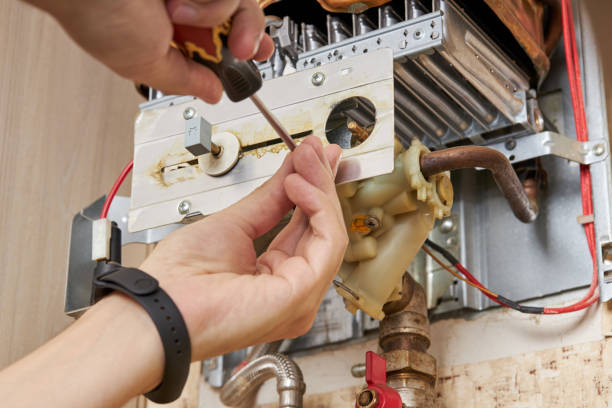 service technician repairing gas water heater indoors. water heater maintenance. diy concept - gas boiler imagens e fotografias de stock