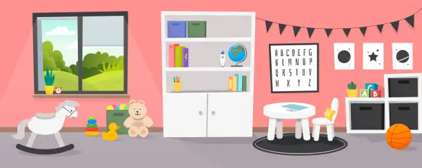 Vector illustration of Kindergarten or kid room interior vector illustration. Empty cartoon background with child toys, tables and drawer boxes. Modern room with furniture, sunlight from window and toys for kids.