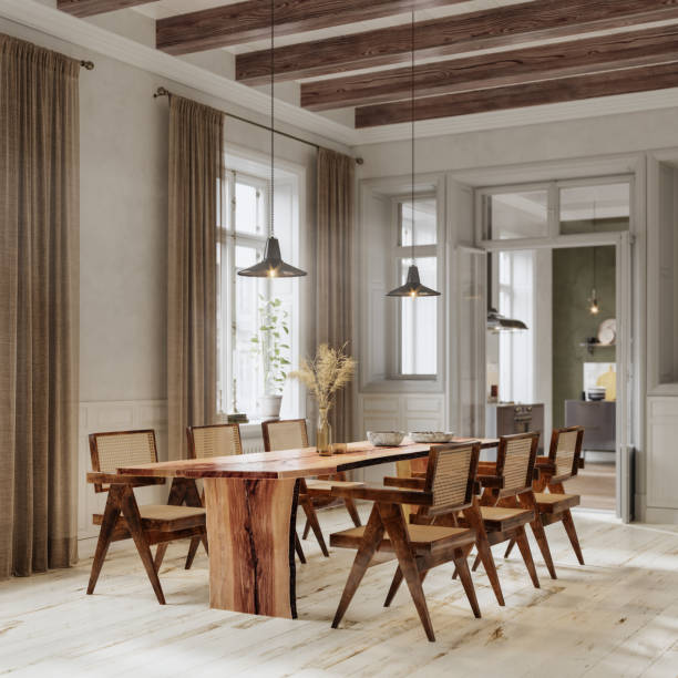 istock 3D rendering of wooden dining room design 1266344043