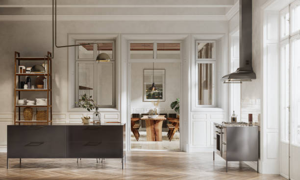 modern home interior in 3d render - living room showcase interior luxury dining room imagens e fotografias de stock