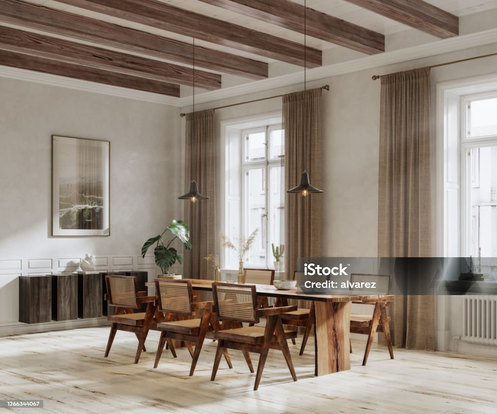 3D rendering of dining area in living room 3D rendering of dining area in living room. Large and luxurious interiors of a house with six chair wooden dining table. Living Room Stock Photo