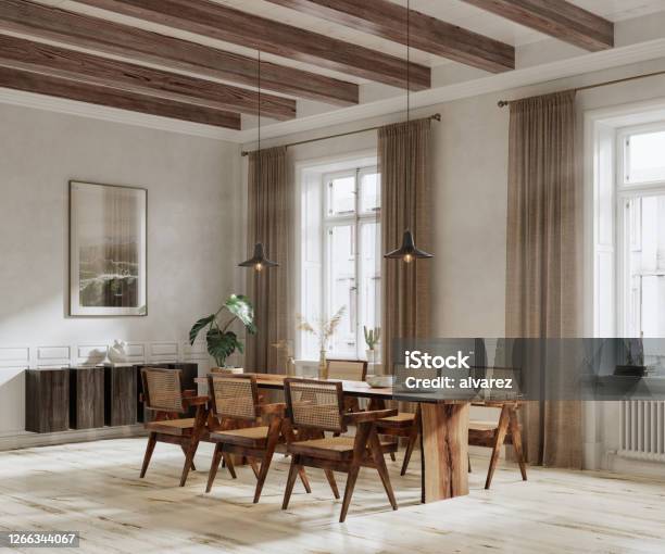 3d Rendering Of Dining Area In Living Room Stock Photo - Download Image Now - Living Room, Dining Room, Modern