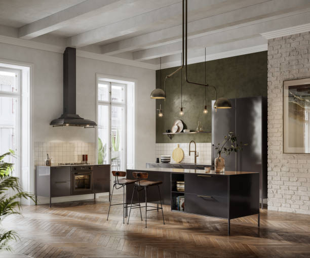 3d визуализация просторного и открытого кухонного интерьера - loft apartment living room contemporary house стоковые фото и изображения