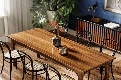 Wooden dining table with six chairs. 3D render of an elegant dining table in a modern home.