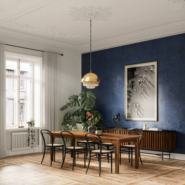digitally generated image of dining area in a modern home - sala de jantar imagens e fotografias de stock