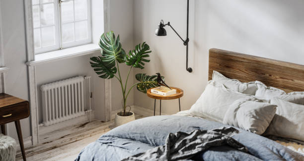 interno della camera da letto domestica generato digitalmente - contemporary bed luxury hotel room foto e immagini stock