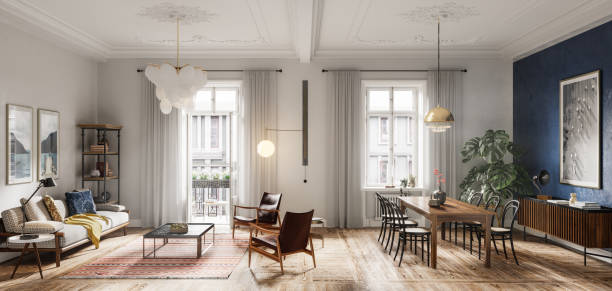 design moderno degli interni del soggiorno in 3d - luxury apartment foto e immagini stock