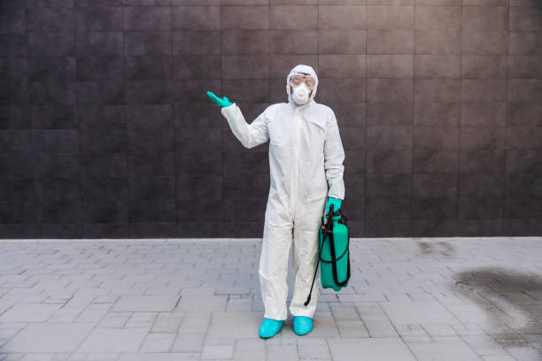istock Confused man in sterile protective uniform with rubber gloves holding sprayer with disinfectant and looking at camera. 1266346129