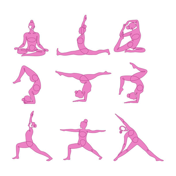 ilustrações de stock, clip art, desenhos animados e ícones de different yoga poses continuous one line vector illustration. - balance health well being background white