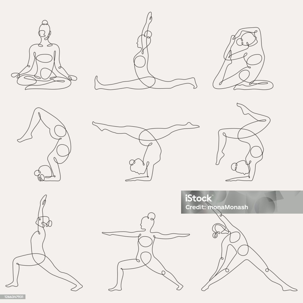 Different yoga poses continuous one line vector illustration. Different yoga poses continuous one line vector illustration. Flexibility, balance, training lineart, silhouette. Keeping healthy, fit lifestyle with yoga, gymnastics training. Working out at gym Yoga stock vector