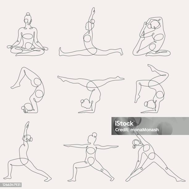 Different Yoga Poses Continuous One Line Vector Illustration Stock Illustration - Download Image Now