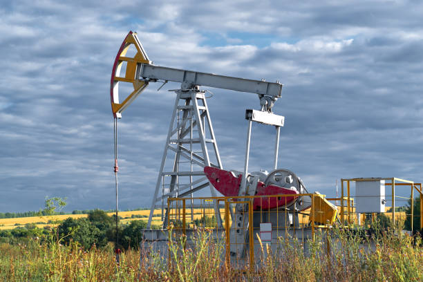 istock Rig on yellow field, cloudy sky 1266348920