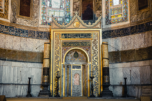 Istanbul, Turkey / September 03 2019: Interior view of the Hagia Sophia (Church of the Holy Wisdom). Altar (Mihrab) view.